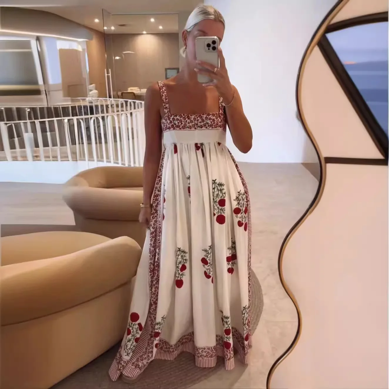 Vintage Floral Loose Long Dress Women Chic Square Neck Sleeveless Graffiti Print Lace Up Sundress Casual Vacation Vestidos