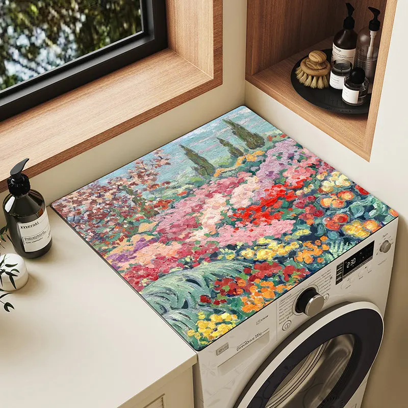 VIKAMA Retro Flower Oil Painting Washing Machine Cover Pad Absorbent, Anti-Slip, Waterproof Drum Washing Machine Dust Pad