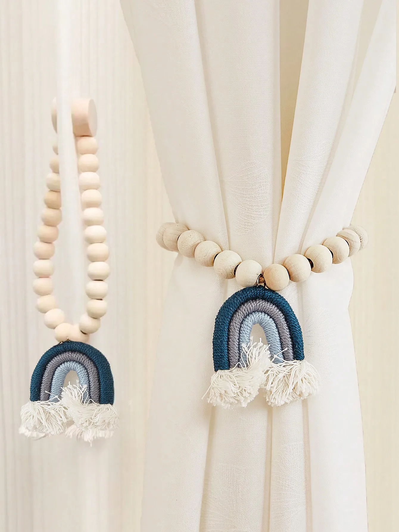 2 ชิ้นไม้ลูกปัดผ้าม่าน Tiebacks,พู่ผ้าม่านหัวเข็มขัดแม่เหล็กผ้าม่านหัวเข็มขัด,สายรุ้งพู่ผ้าม่าน Tiebacks สีชมพู