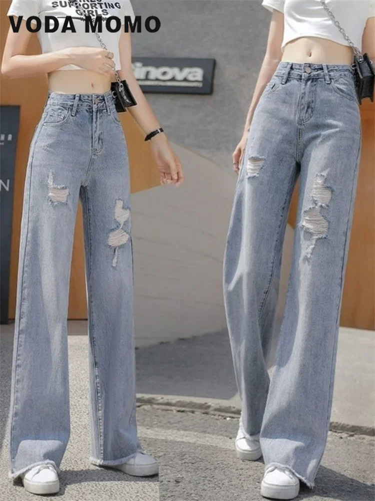Rasgado namorado moda feminina cintura alta y2k calças de brim de perna larga feminina baggy mulher denim calças compridas jean mãe calças jeans