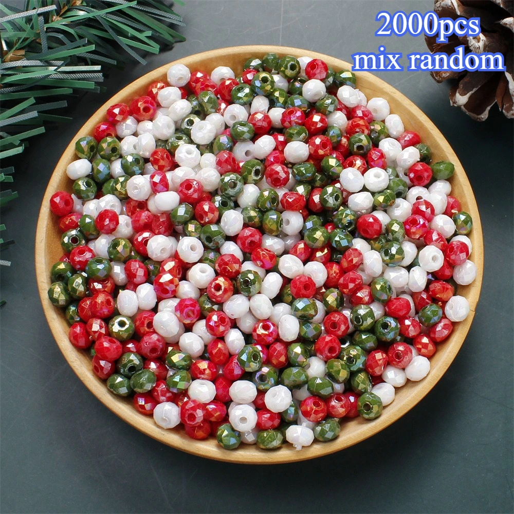 2000pcs Mix Random Christmas Beads 6mm Green Red White Faceted Wheel Loose Spacer Beads for Jewelry Making DIY Handcrafts Bracelet Necklace Earring Keychain Phone Chain Gifts for Festival Party Christmas House Decor Supplies