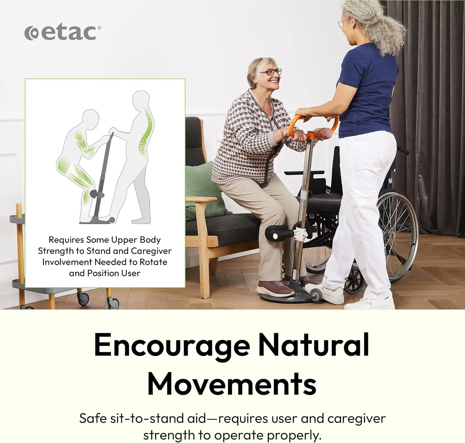 أداة مساعدة نقل المريض من Etac Turner PRO - الجلوس على الوقوف لكبار السن الذين يعانون من حمولة عمل آمنة عالية (440 رطلًا) - رفع المريض والمو