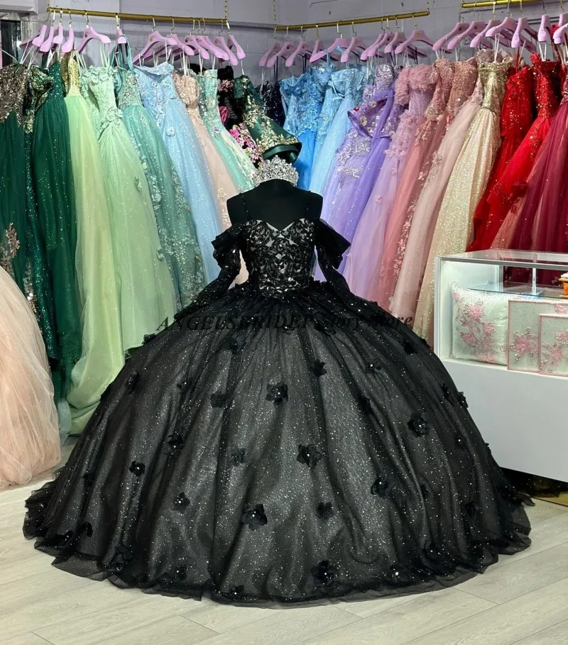 

ANGELSBRIDEP черное платье принцессы Quinceanera с пайетками и длинными рукавами, цветочной аппликацией, тюлевые платья для выпускного вечера, милое платье 16,