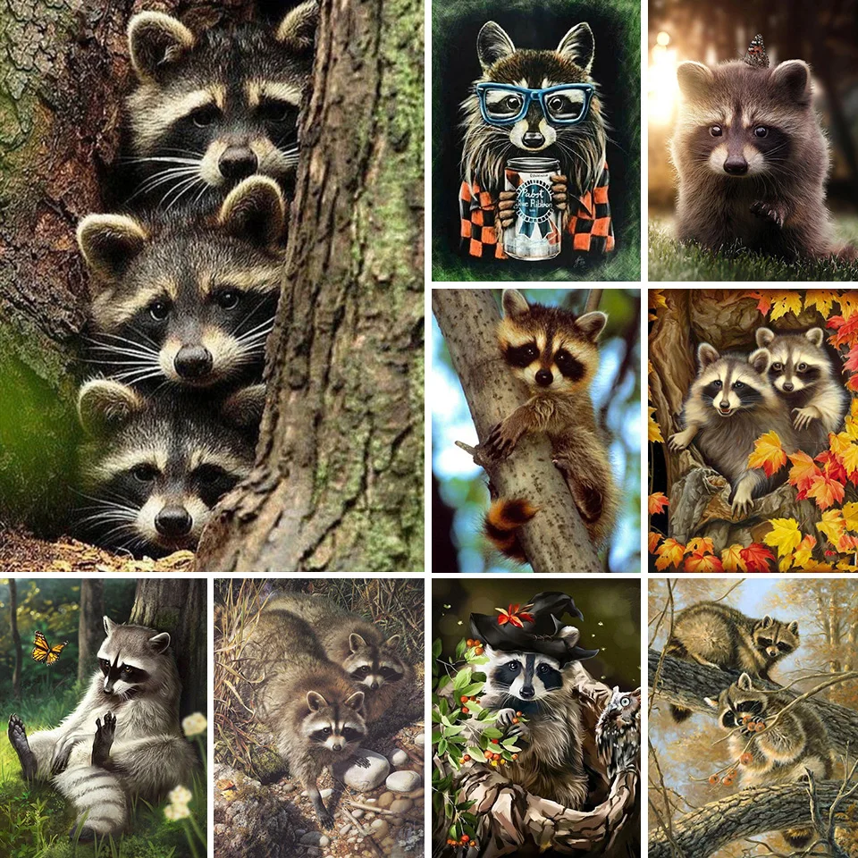 DIY 5D Diamond Painting Raccoon Cross Stitch Kit Full Drill Round Embroidery Mosaic Animal Picture With Rhinestones Home Decor