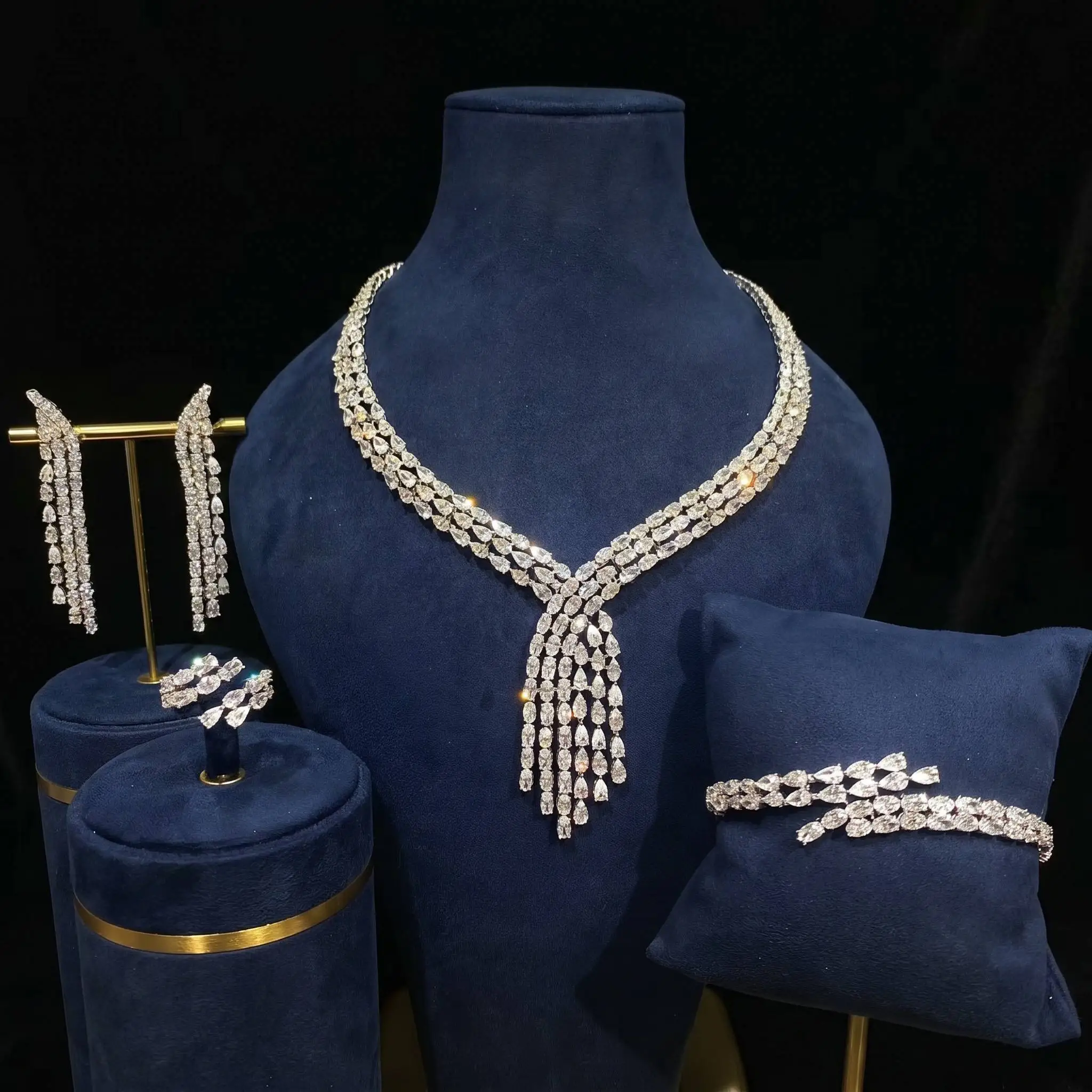 Bride Talk Luxury 4PCS Triple Strand Waterdrop Tassel CZ Zirconia Bridal Jewelry Set Dubai African Wedding Banquet Accessories