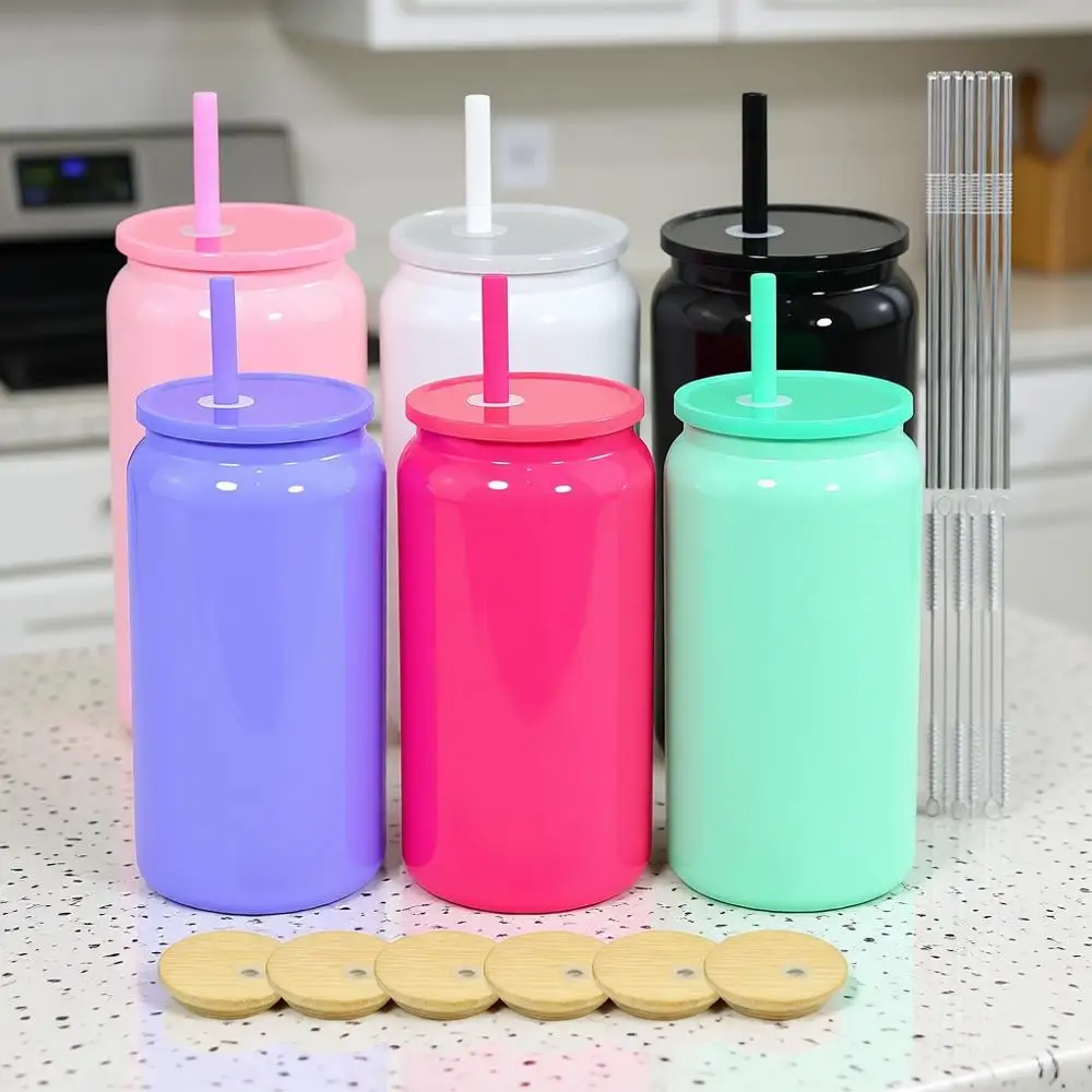 

16oz Stainless Steel Tumbler, 6 Pack Double Wall Insulated Mason Jar, Sublimation Can with Lids and Straws, Iced Coffee Cups or