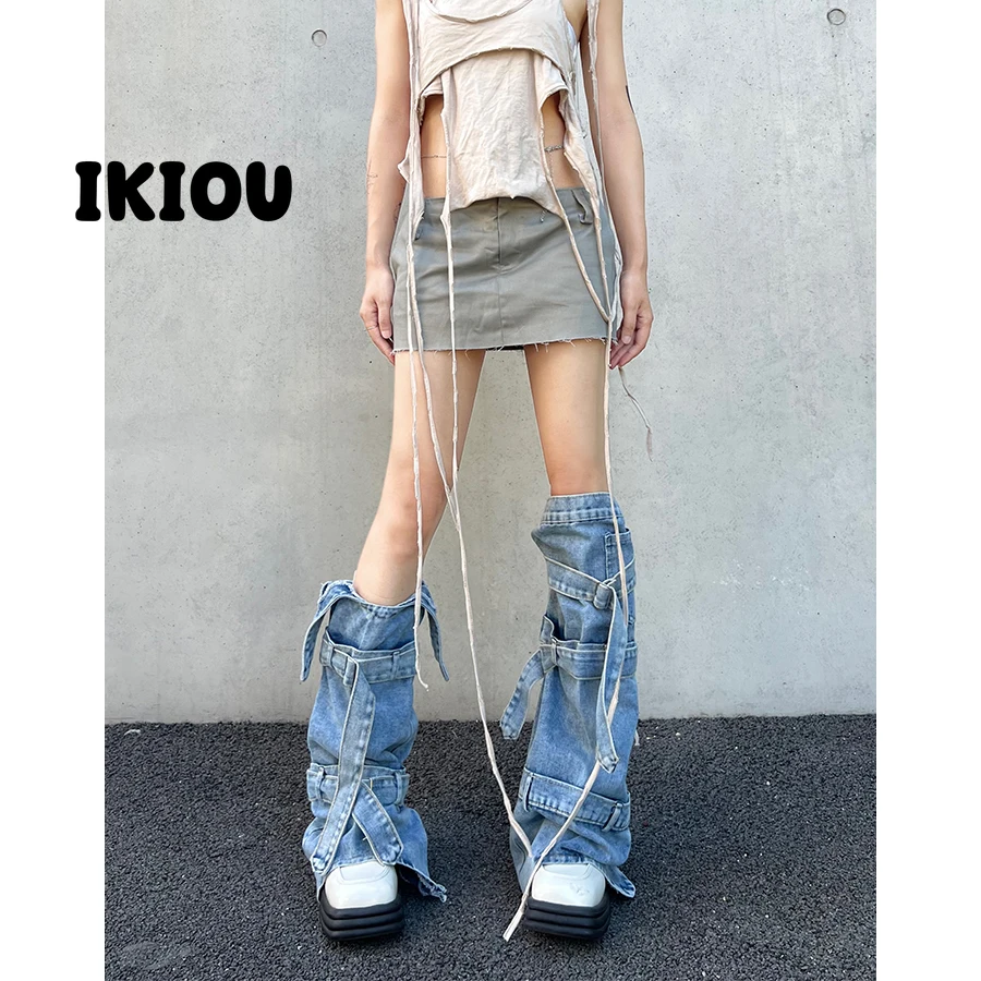 American personality Spice Girl niche washed denim socks y2k design strap subculture irregular calf pile socks