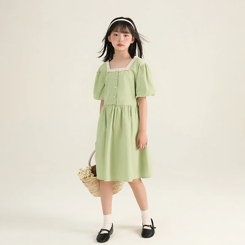 

2024 Korean Summer Children Girl One-piece Dress School Girl Casual Solid Cotton Bubble Sleeve Dress Junior Girl Princess Dress