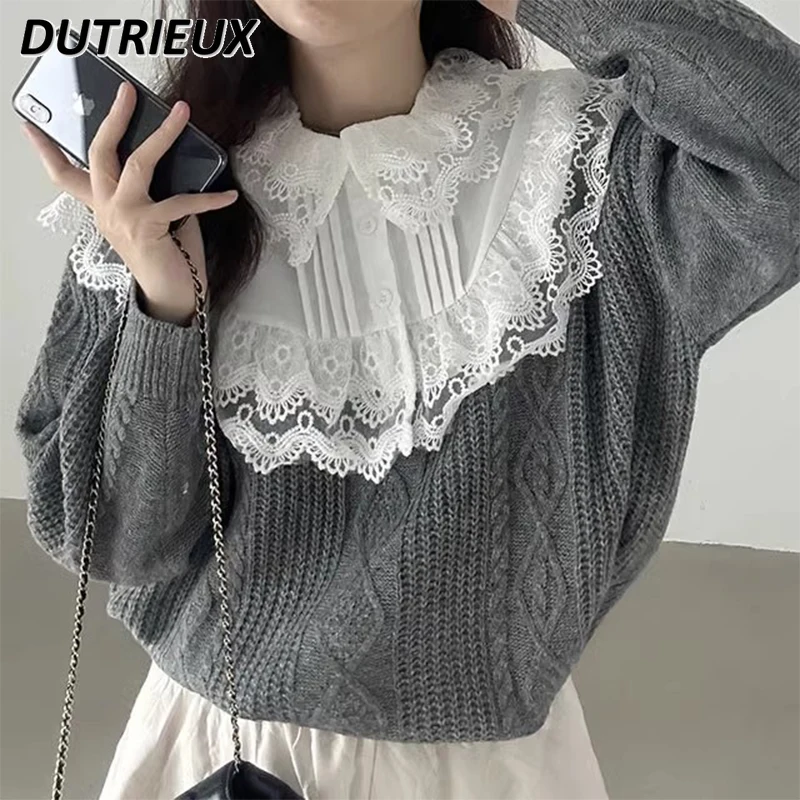 Korean Chic Autumn Winter Sweet Age-reducing Removable Lace Collar Pullover Loose Versatile Long-sleeved Knitted Sweater Women