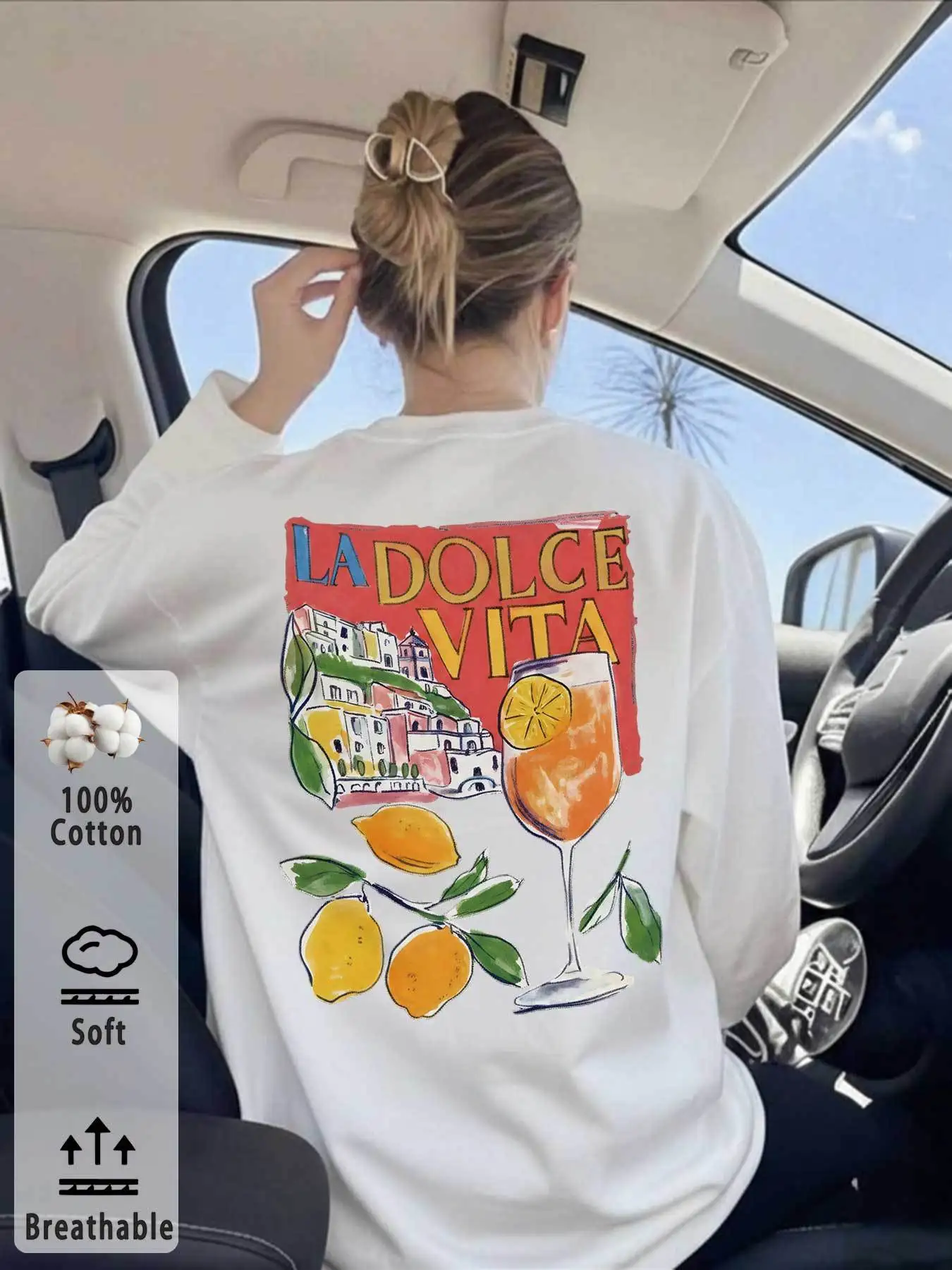 Camiseta de manga larga para primavera y otoño, de estilo informal, con estampado gráfico, diseño «Lemon Vita», para mujer, de corte clásico, con cuello redondo, unisex, de corte amplio.