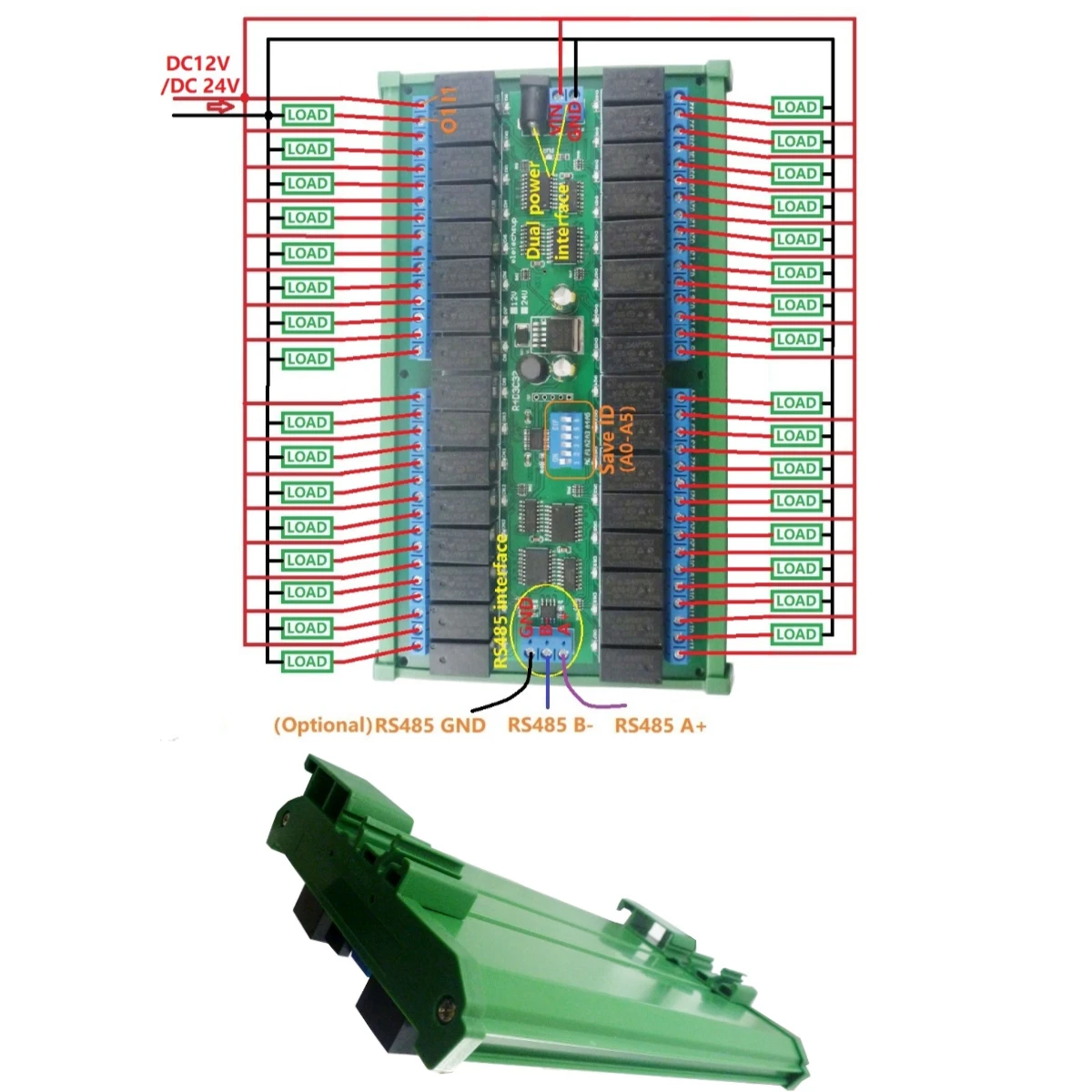 32ch DIN35 C45 Rail Box DC 12V 24V RS485 Modbus RTU Relay Board 485 Bus Remote Control Switch for LED Motor PLC PTZ Camera Smart