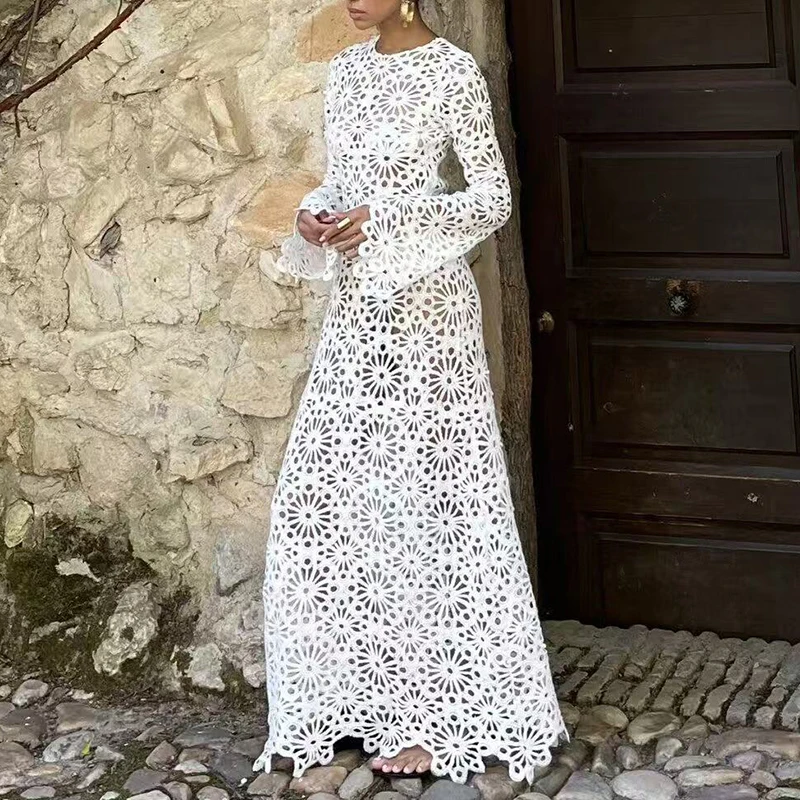 

New Summer Crochet Hollow Out Women's Long Dress Fashion Backless Flower Beach Cover Up Dress 2026 O Collar Slim Vacation Dress