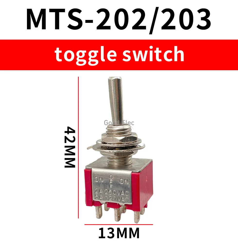 5PCS Mini MTS-202 MTS-203 Red Toggle Switch DPDT Double Pole Double Throw 2 Positions ON-ON/ON-OFF-ON 250V 3A 125V 6A