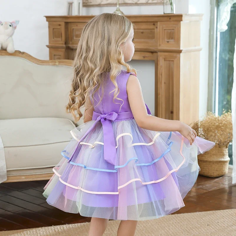 Flower Girl Unicorn Rainbow Wedding Party Dress Girl Birthday Party Unicorn Role Dance Performance Dress Kids Clothing 3-10Yrs