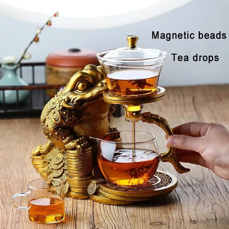 Creative Tea Toad Shape Teapot Automatic Tea Maker Pu\'er Oolong Teapot And Cup Set Heat-resistant Glass Teapot Holder Base