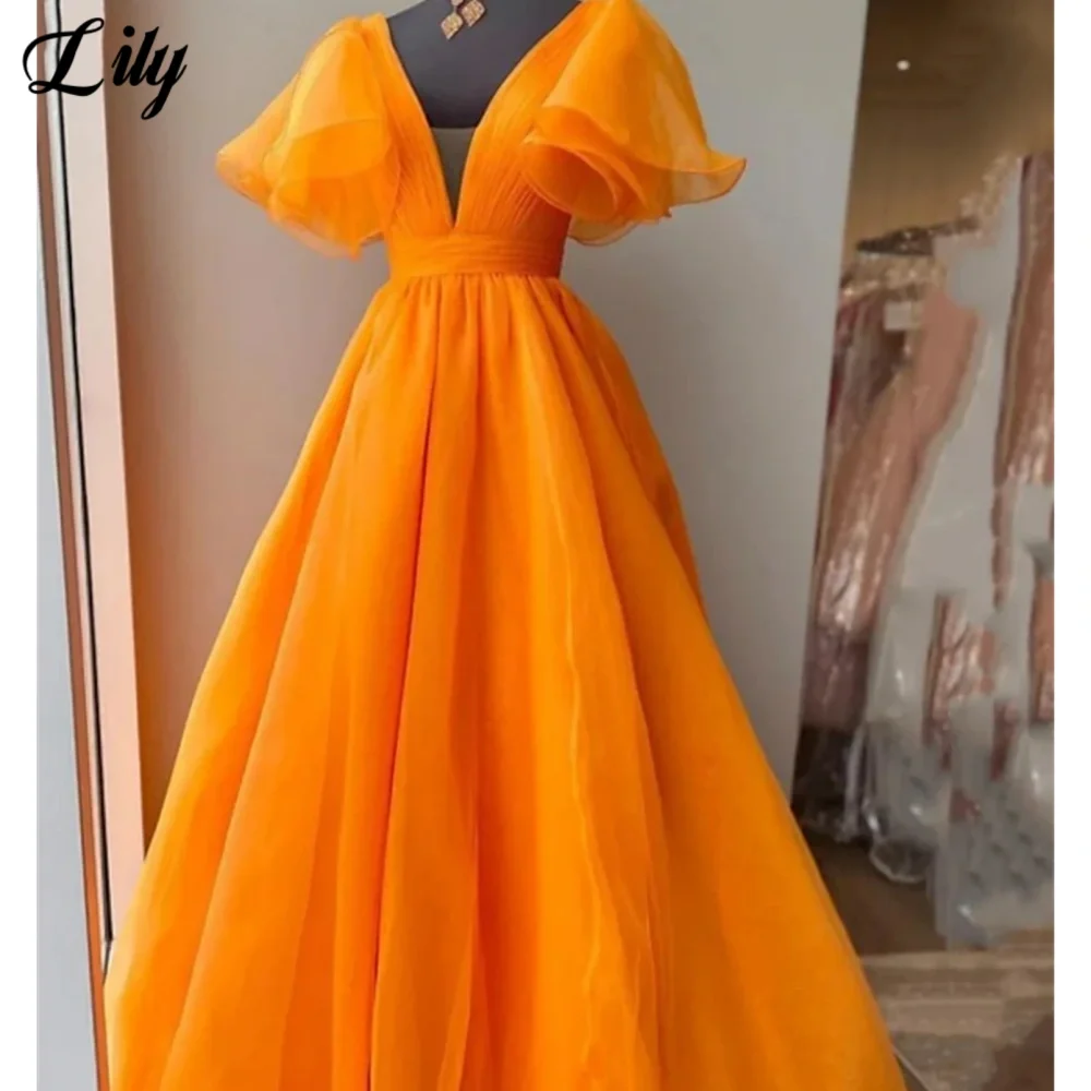 

Lily Orange Eye-catching Prom Dress for Woman V-Neck Puff Sleeve Prom Gown Chiffon Backless Bridesmaid Dresses robes du soir