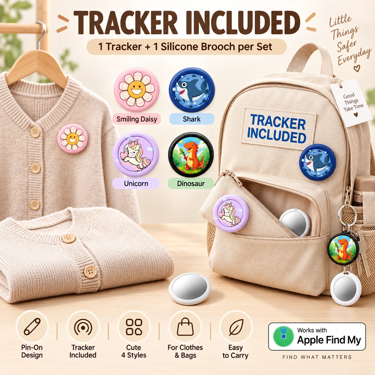 Works with Apple Find My: Hidden Wearable Bluetooth Tracker Smart Tag with Silicone Pin Brooch Case for Kids & Elderly Clothing