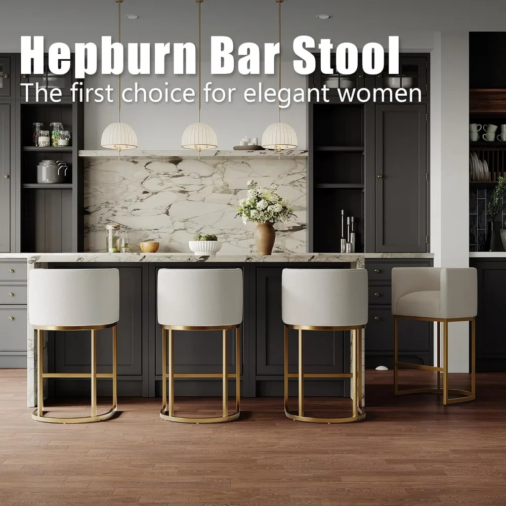 Elegant Linen-Covered Swivel Bar Stools, 26 High Kitchen Counter Stools with Metal Gold Frame