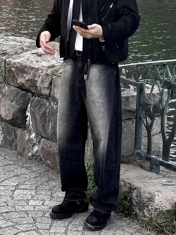 

SYUHGFA 2022, осенние мужские потертые джинсы в корейском стиле, повседневные универсальные брюки, прямые широкие брюки, свободные мужские джинсовые брюки