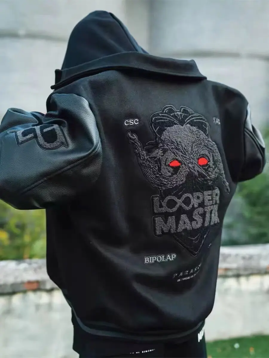 European and American Fashion Y2K Hip Hop Letter Embroidered PU Leather Jackets Couple Loose Leather Jackets Streetwear Men view 3