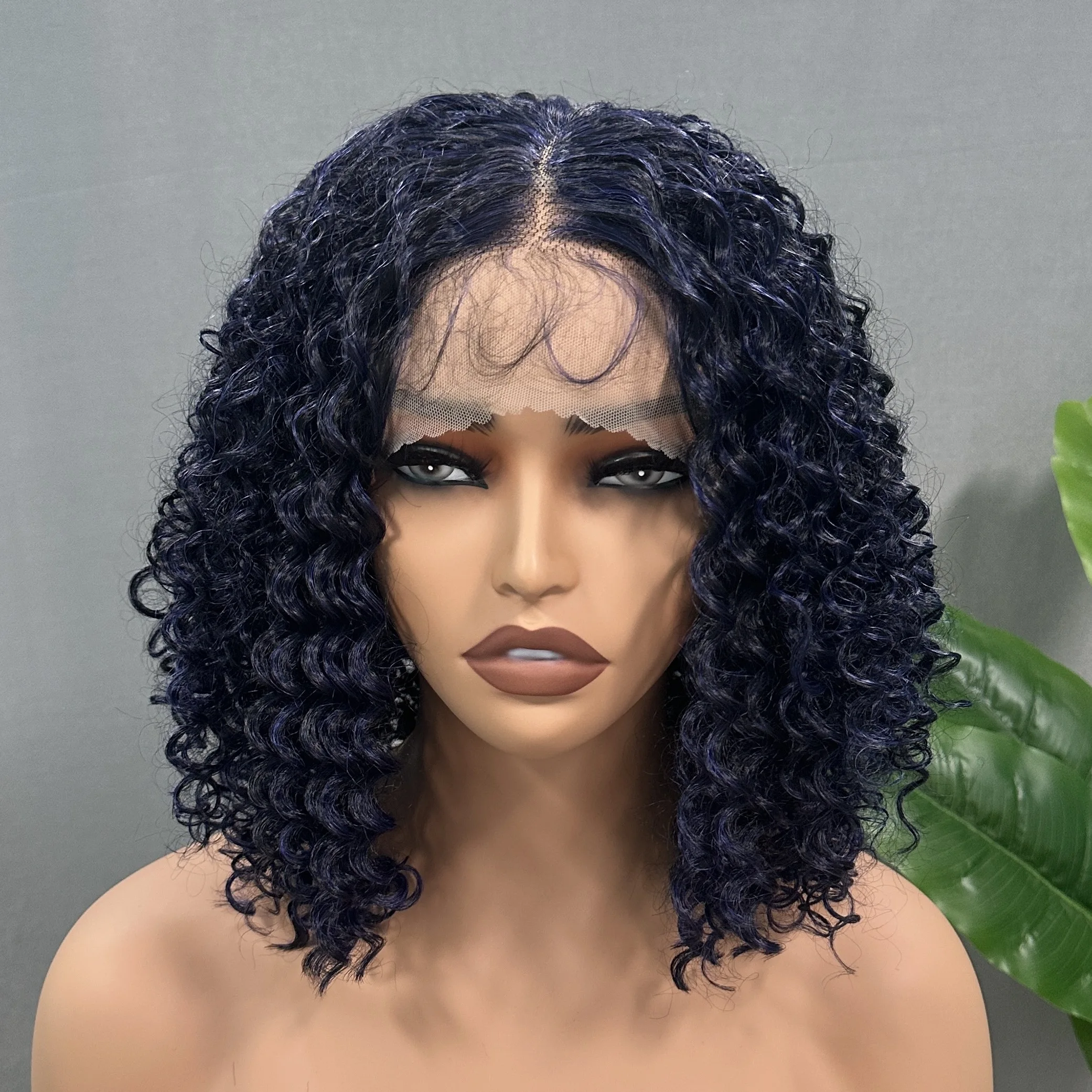 X-TRESS Short Soft Natural Synthetic Wig Dark Blue Afro Kinkly Curly Middle Part Wig With Bangs for Black Women Heat Resistant