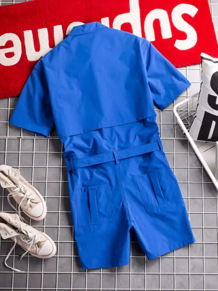 2025 Summer Mens Short Sleeve Cargo Playsuits Lapel Collar Single Breasted Shorts Overalls High Street Hip Hop Short Jumspuit