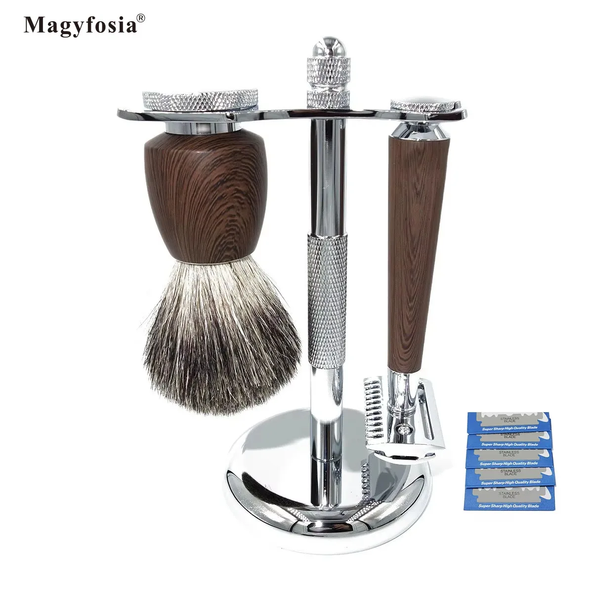 Magyfosia Men's Wet Manual Shaving Kit with Double Edge Safety Razor Blades and Badger Hair Brush Rosewood Grain Handle Holder