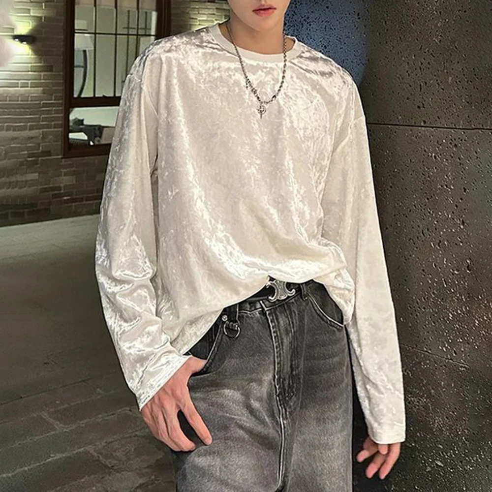 Mens T-Shirt Y2k Gold Velvet T-Shirt Streetwear Fashion Campus Performance All-Match Solid Color Long-Sleeved Top Men'S Clothing