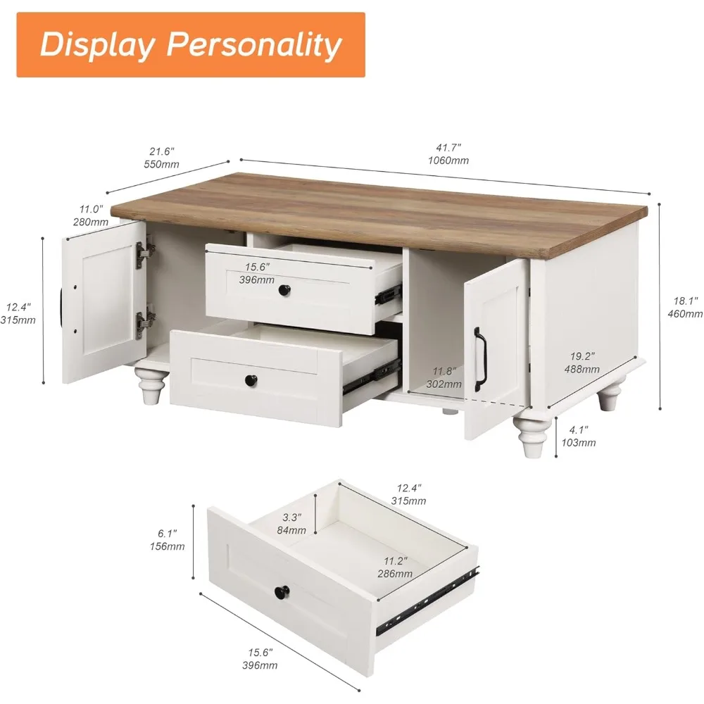 Modern Rectangular Rustic Wood Coffee Table with Drawers and Storage for Living Room