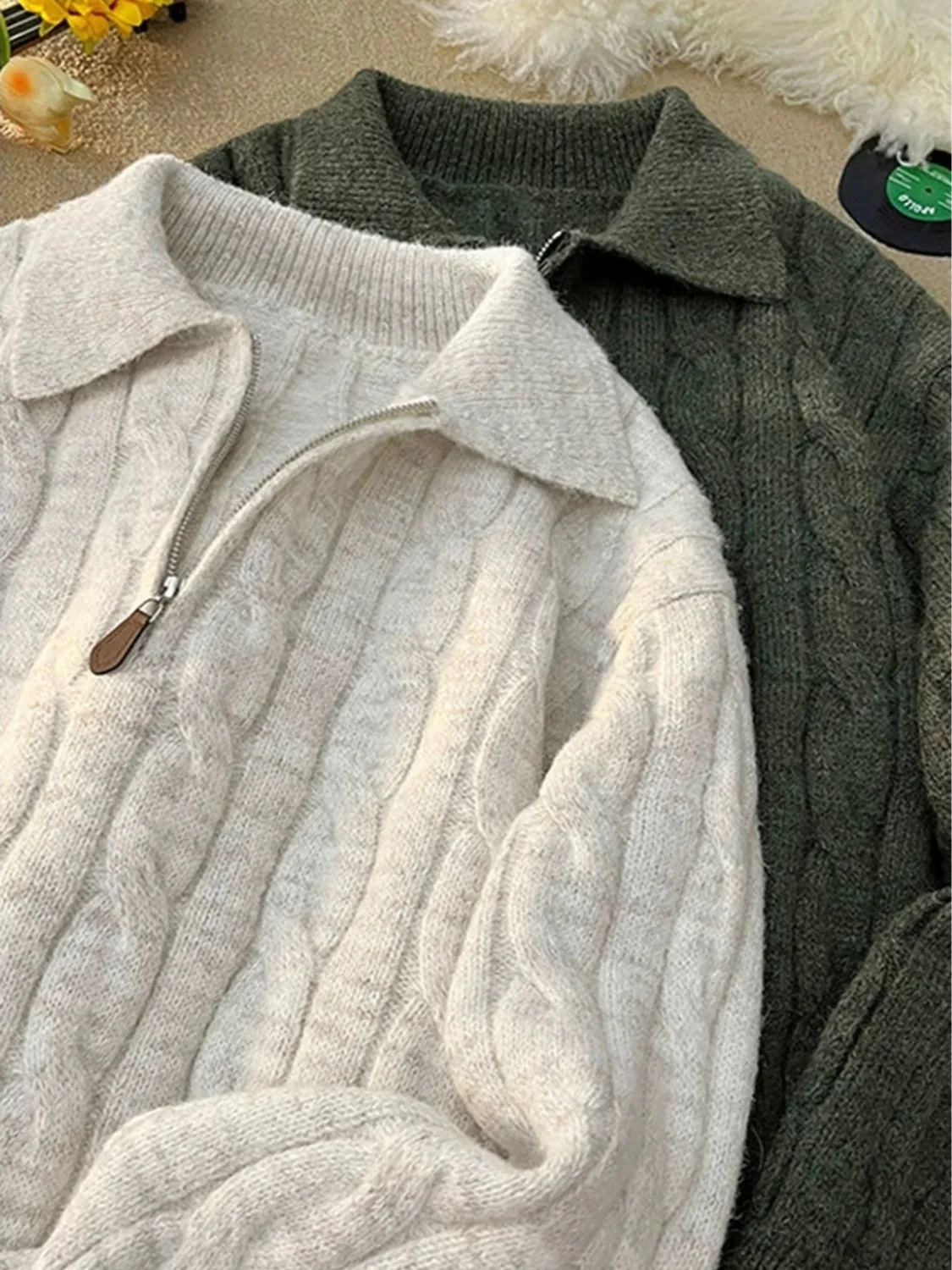 

Retro Twisted f Zip Knitted Sweater Men's Casual Sle Nylon Fabric Long Sve irt for Autumn Leisure Couple Wear