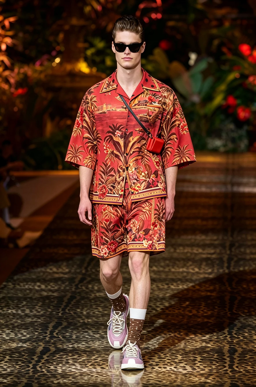 2026 Men's Fashion Lightweight Short-Sleeve Shirt Set with Colorful Print Silk-Like Soft Smooth Polyester Shirt Festivals Partie