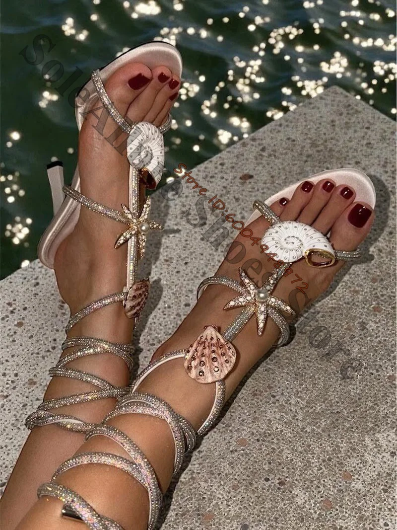Rhinestone Wrap Ankle Strap Stiletto Sandals 3D Starfish Shell Conch Decor Open Toe Heels Ocean Beach Vacation Women Sandalsa