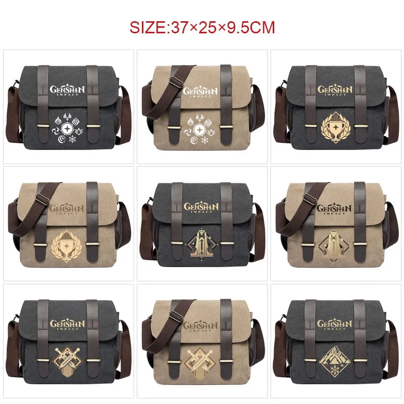 Anime Genshin Impact Shoulder Bag Messenger Travel Canvas Durable With 2 Leather Belt Buckle Bookbag