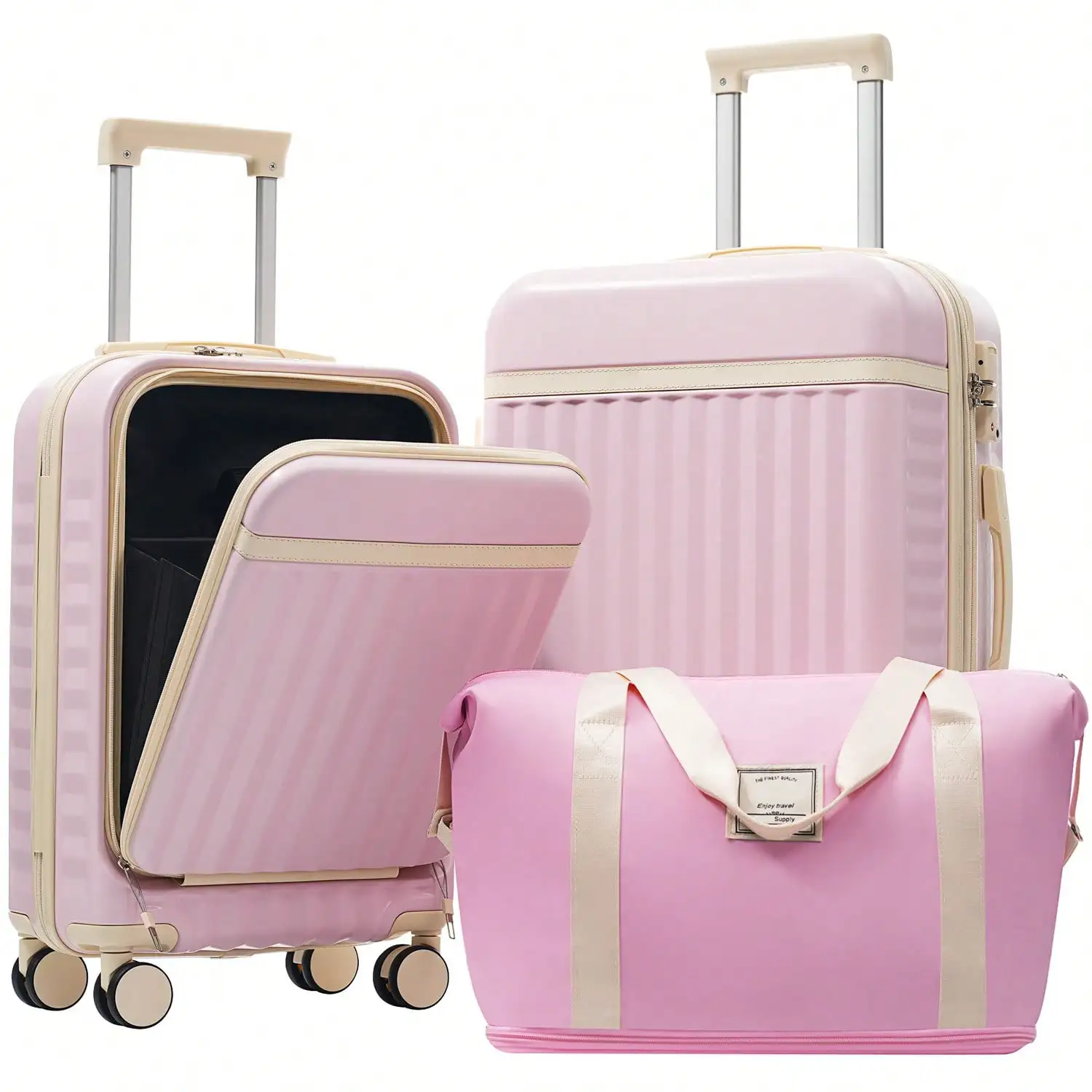 Front Opening Luggage Set 3 Piece, Hardside Carry On Suitcase With USB Port, Expandable Luggage With Handle Bag Spinner Wheels TSA Lock,Pink