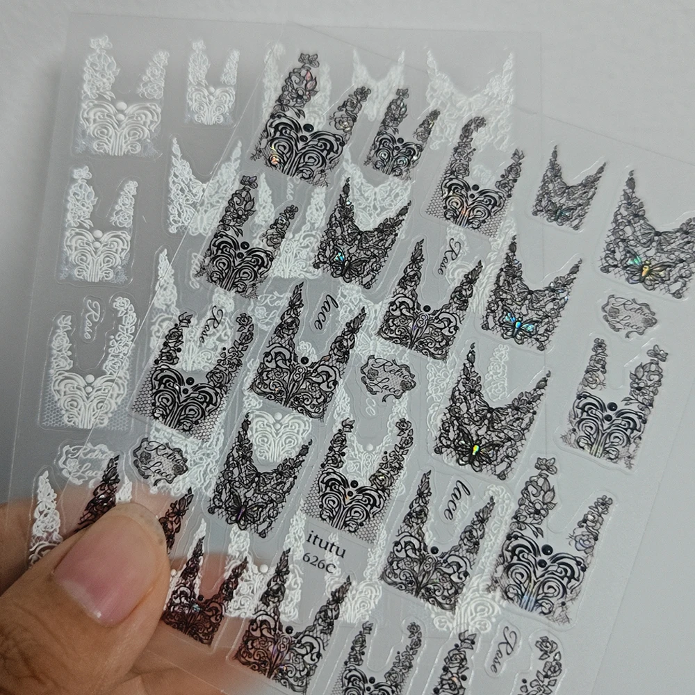 2pcs 5D Black White Laser Lace French Nail Stickers Vintage Hollow Lace Rose Butterfly Gothic Nail Decals DIY Cool Manicure Deco