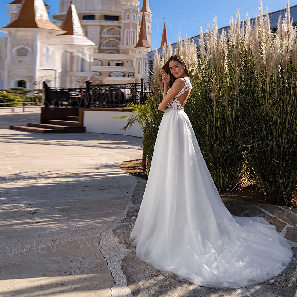 Vestidos De Novia bohemios para mujer, vestido De Novia De encaje con apliques elegantes, cuello en V, sin mangas, espalda descubierta