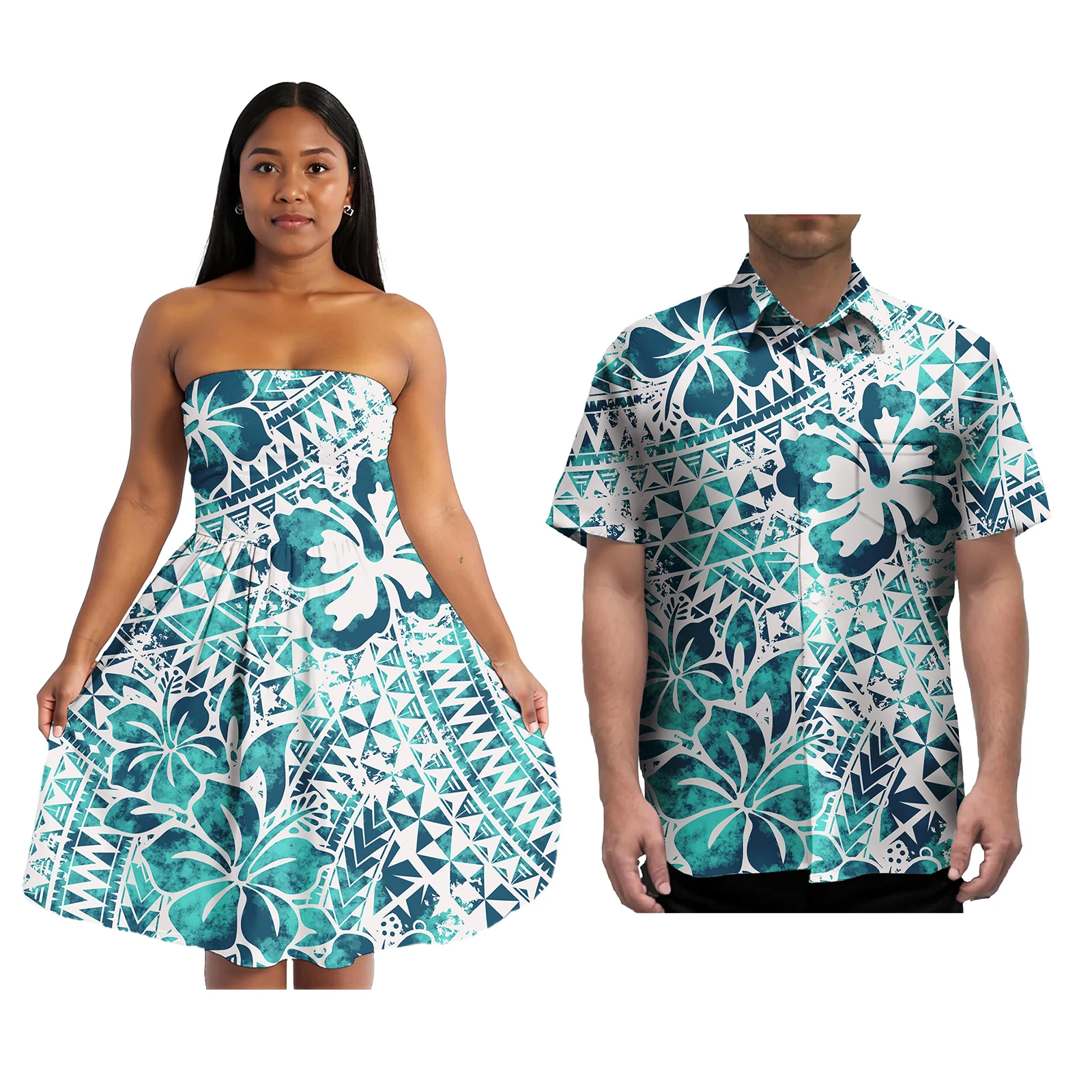 ซามัว Puletasi ชุดจับคู่ Aloha Mens เสื้อคู่เสื้อผ้าสไตล์ฮาวายออกแบบโลโก้ที่กําหนดเองผู้หญิงชุดมินิ