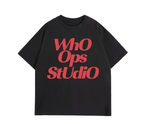 

2025 модная футболка унисекс из 100% чистого хлопка WhoOps StUdiO с буквенным принтом, повседневная футболка с короткими рукавами