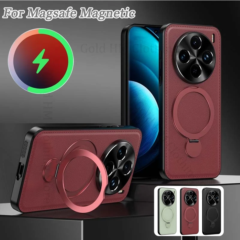 

Fundas For vivo X300 X200 Pro For Magsafe Magnetic Holder Stand Case For VIVO X200 Pro X100S X100 Ultra 360° Ring Leather Cover