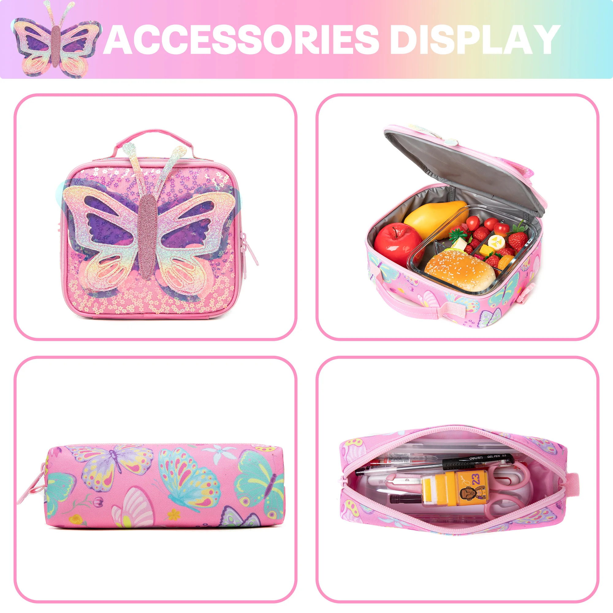 กระเป๋าเป้เด็กใหม่ที่ทันสมัยและน่ารักที่มีความจุขนาดใหญ่และน้ําหนักเบาพร้อมถุงอาหารกลางวัน กล่องดินสอ เหมาะสําหรับโรงเรียน