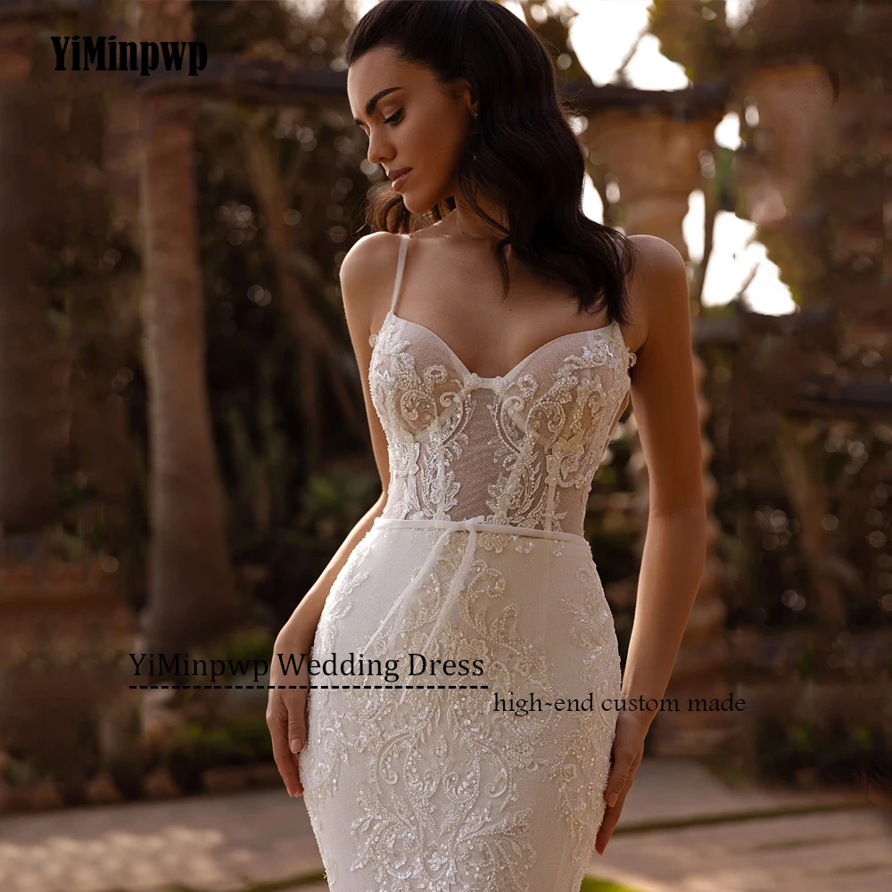 신부를위한 현대 웨딩 드레스 인어 백리스 코르셋 스팽글 아플리케 스파게티 스트랩 스파클링 로브 드 마리에 맞춤형