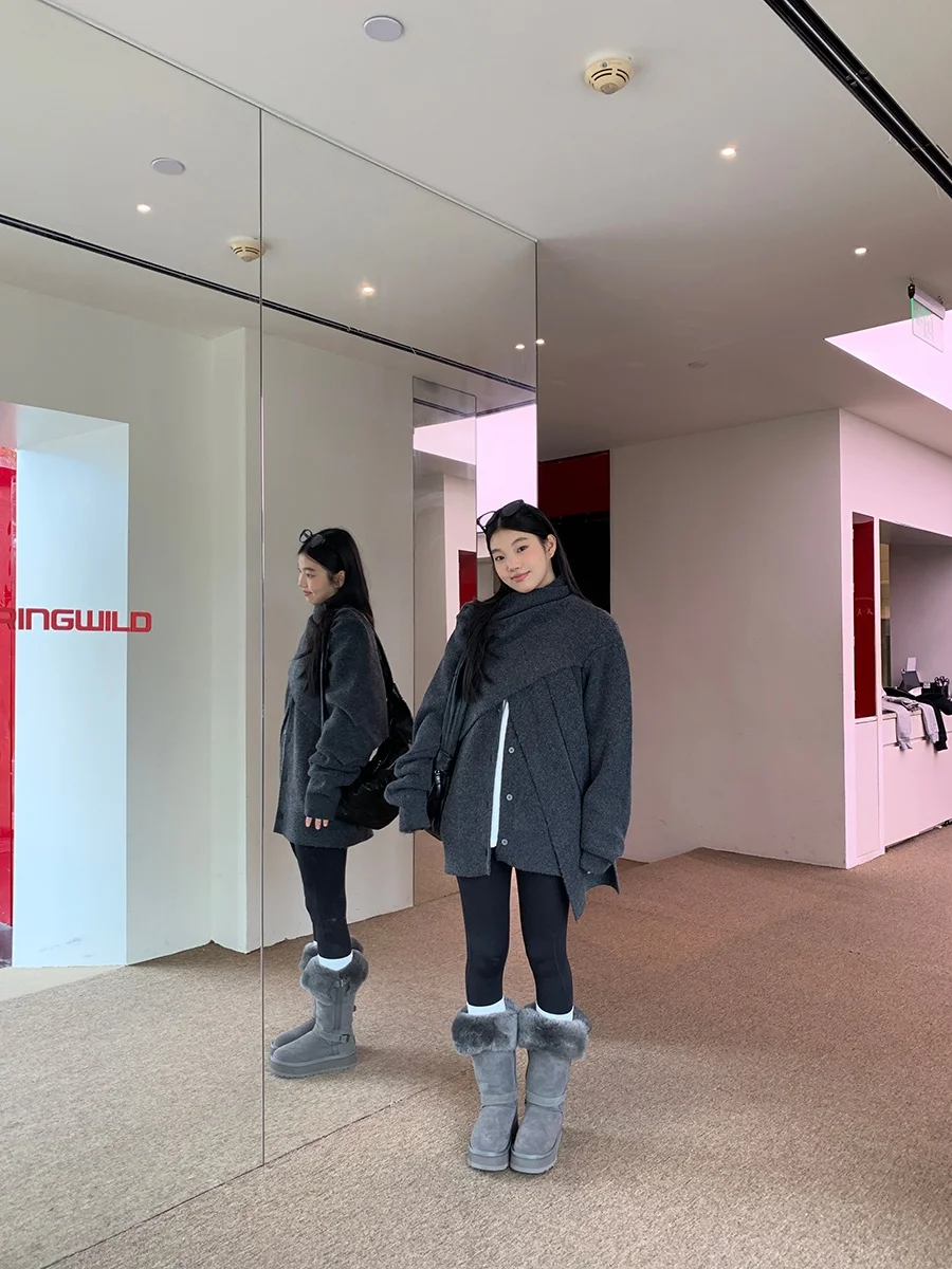 كارديجان نسائي رمادي محبوك بياقة مفتوحة للخريف والشتاء، سترة بتصميم عصري مريحة ودافئة