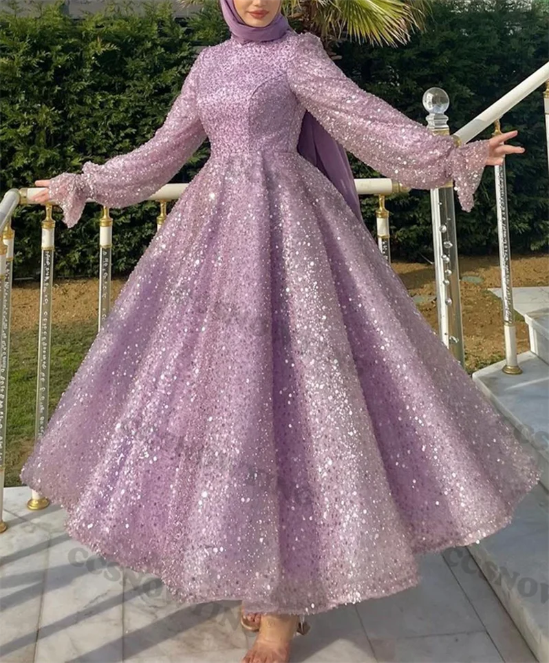 

Sparkly Sequin Beaded Hijab Muslim Evening Dresses Arabic Dubai Long Sleeve Islamic Formal Party Gown Women Robe De Soiree