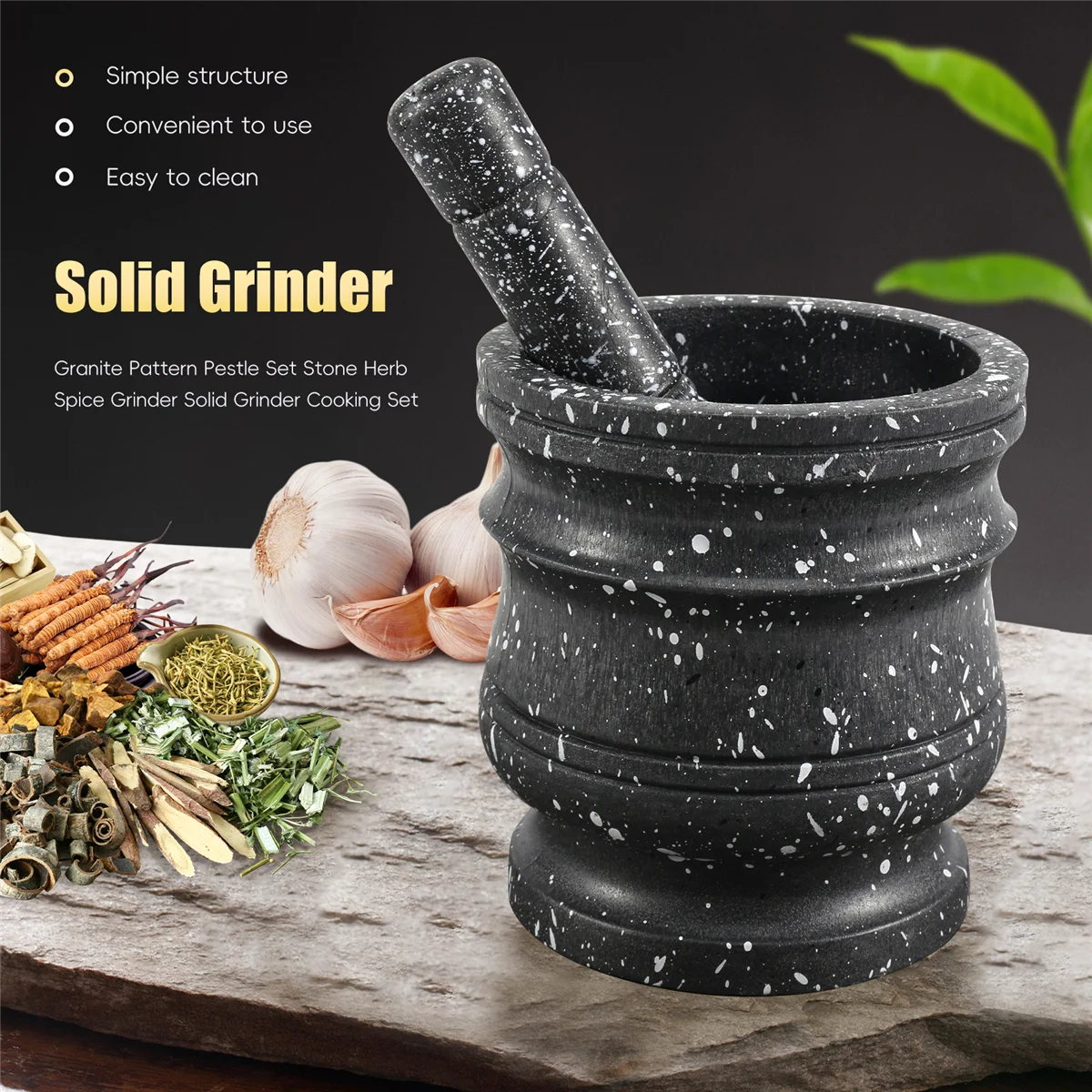 Granite Pattern Pestle Set Stone Herb Spice Grinder Solid Grinder Cooking Set