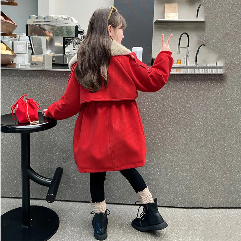 5-15T Girls Parkas Turn Fur Collar Solid Plus Velvet Thicken Warm Children'S Outerwear Jackets With Bag High Quality Red/Pink