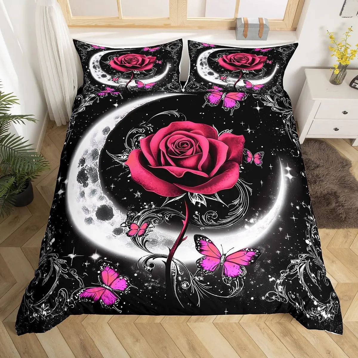 Rose Flower Bedding Set Twin King,Galaxy Moon Rose Duvet Cover Set For Boys Girls Room Decor,Valentine's Day Floral Quilt Cover