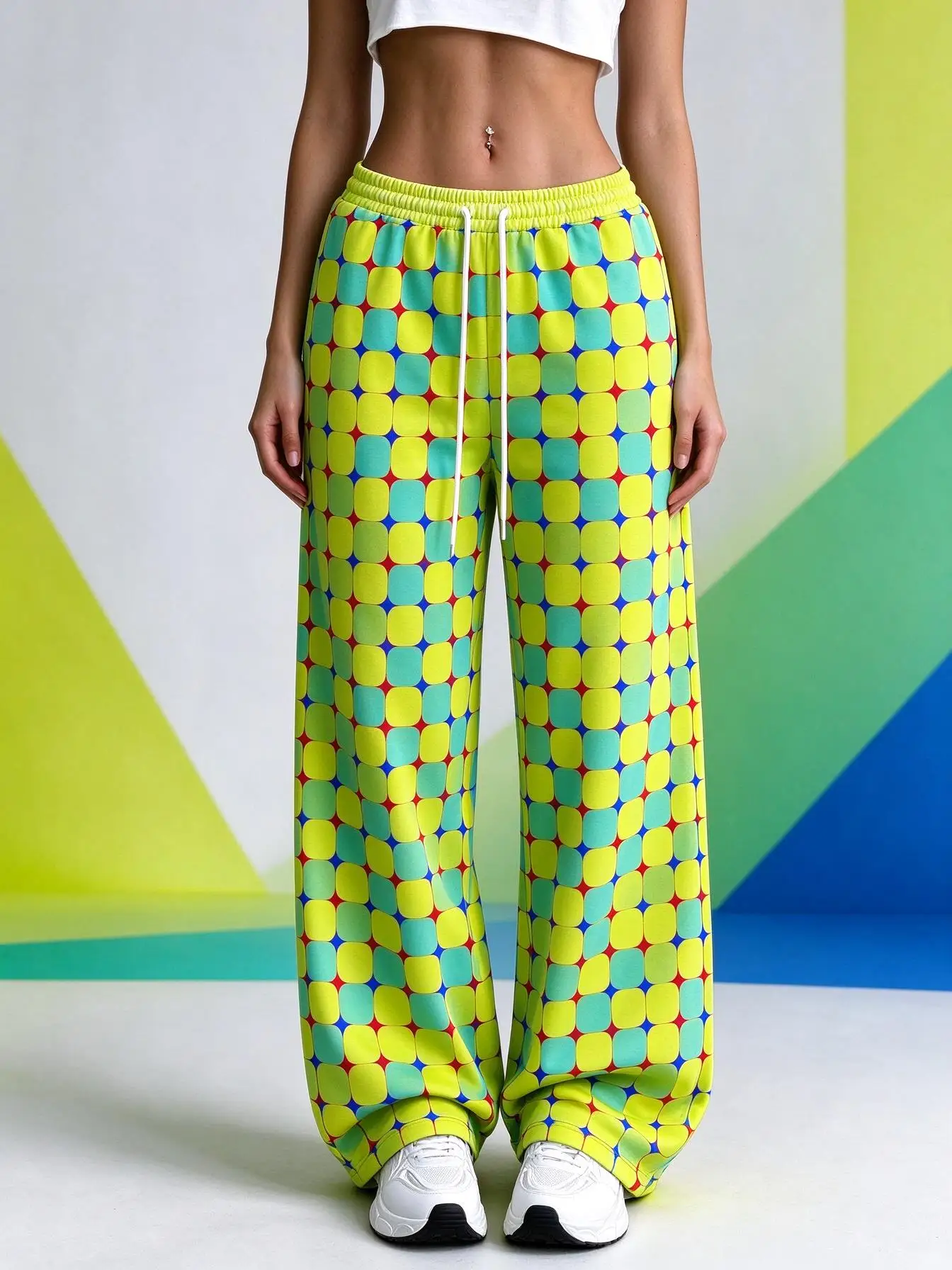 Women Low Waist Wide Leg Sweatpants Colorful Checkered All Over Print Elastic Drawstring Casual Trousers With Pockets