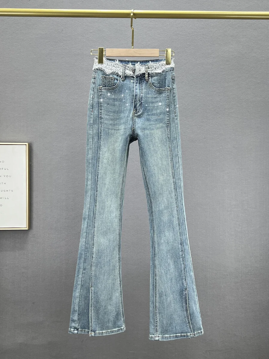 

High Waist Lace Trim Denim Jeans Women's Extended Length Elastic Slimming Spring 2024 Diamond Embellied Flared Pants