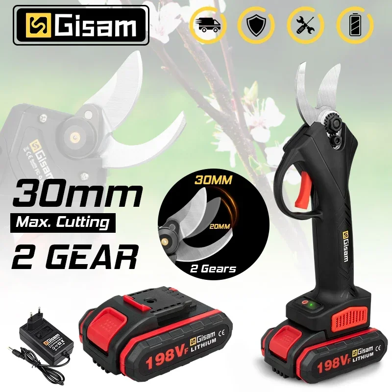 

Gisam 30mm Electric Pruning Shears 2 Gears Cordless Fruit Tree Bonsai Electric Scissors Orchard Shrub Branch Pruning Power Tool