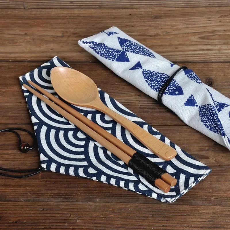 Japan Style Cutlery Bag Reusable Travel Portable Drawstring Pouch For Kitchen Tableware Fork Spoon Chopsticks Storage Cloth Bags